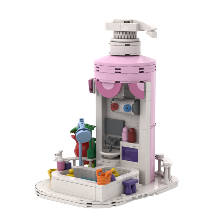 custom bathroom building block gifts – giant soap dispenser moc brick model with miniature bath scene3