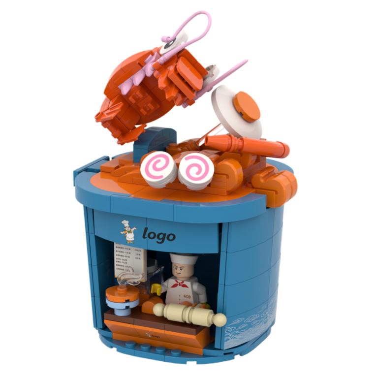 custom ramen building block gifts – giant seafood noodle cup moc brick model with mini shop